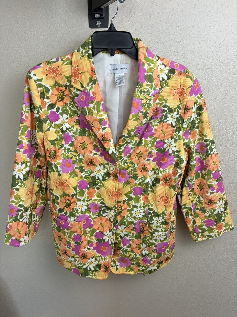 Jaclyn Smith Floral Blazer Jacket Orange Pink Yellow Multi 3/4 Sleeve Womens 16